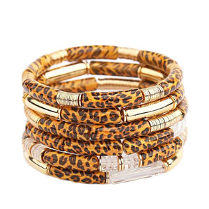 Pulseras de Moda con Diseño de Leopardo para Mujer, Tubo con Disco Dorado, Cuerda Elástica, Hechas a Mano, Brazaletes de Resina - Product Image 1