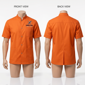 Chaqueta de Barbero para Hombre, 220 GSM, Polialgodón, Naranja, Uniforme de Salón, Diseño de Paneles con Botones a Presión, Logotipo Personalizado Bordado, Ropa de Trabajo - Product Image 1