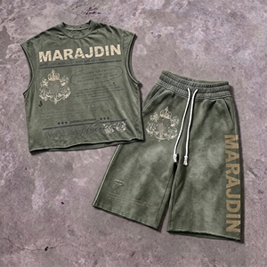 Streetwear Custom Dtg Printing Raw Hem Cut Edge Graphic Acid Wash Sleeveless T Shirt and Sweat Shorts Set tank Top <b>Men</b> - Product Image 3