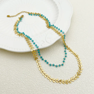 Collar Unisex de Doble Capa con Hojas, Acero Inoxidable 304 Resistente al Agua, Cadena con Cuentas Chapada en Oro de 18K - Product Image 2