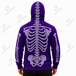 Men’s Purple Rhinestone Skeleton Hoodie <b>Jacket</b> with Full Zip Balaclava Mask Crystal Skull Bone Design <b>Gothic</b> Hip Hop Streetwear - Product Image 4