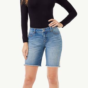 Shorts en jean déchiré taille haute pour femme, coupe droite, ourlet brut, décontracté, pour l'été, en coton bleu délavé, vente en gros sur mesure - Product Image 2