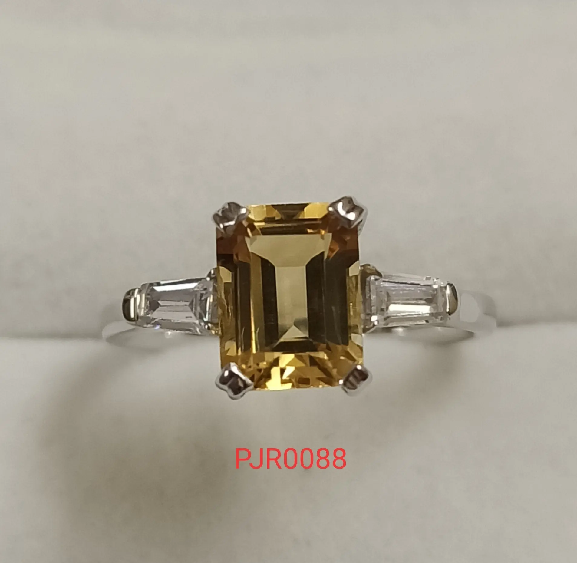 925 Sterling Silver Citrine Ring With Taper Cut Cubic Zircon With White Rhodium Plated Fashion Ring