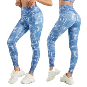 Custom denim design printed breathable <b>leggings</b> for women OEM logo stretch fabric perfect for gymwear events and team promotions - Product Image 1
