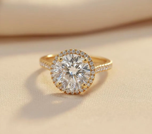 Anillo de compromiso con halo de diamantes cultivados en laboratorio de 2.5 quilates, banda pavé, oro amarillo de 14 quilates, anillo de boda, anillo de promesa, regalo de aniversario o fiesta. - Product Image 1