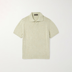 Polo personnalisé pour homme à manches courtes, col Johnny, en mélange coton-lin, tricot épais, coupe décontractée, patte de boutonnage ouverte, poignets côtelés, mélange de couleurs - Product Image 2