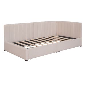 Divano letto imbottito in tessuto di lino beige con 2 cassetti contenitore, struttura letto singolo, non necessita di rete a molle - Product Image 3