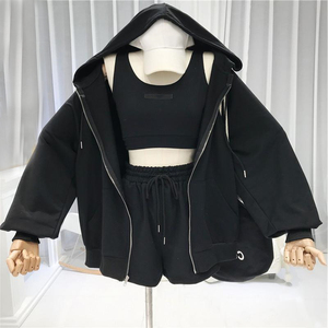 Conjuntos Deportivos Cortos de Otoño Estilo Hip Hop para Mujer, 3 Piezas, Chaqueta con Cremallera, Pantalones Cortos, 100% Algodón, Transpirable, de Secado Rápido, Ecológico, Manga Larga - Product Image 3