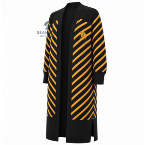 NCBW Sorority Women's Longline Open Front Cardigan Black Gold Striped Ribbed Cuffs Embroidered Duster Sweater With Side Slits - Product Image 3