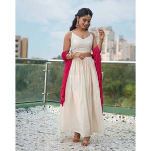 Ensemble Lehenga en mousseline de coton blanc blush - Taille XS - Style traditionnel - Occasion mariage - Toutes saisons - Product Image 4