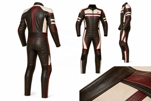 Combinaison de moto en cuir rétro |   Marron & Bourgogne Vintage |   Fabricant OEM ODM |   Qualité de conception haut de gamme |   Vêtements de course - Product Image 6