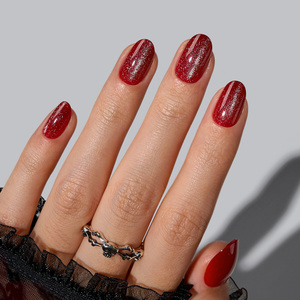 BTARTBOX Faux Ongles Halloween Automne Hiver en Gros Courts Ovales en Gel Souple Effet Œil de Chat Rouge Scintillant à Coller en Gros - Product Image 1