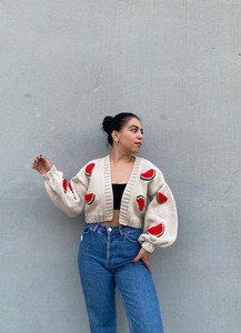 Women's <b>White</b> Hand <b>Knitted</b> <b>Cardigan</b> With Watermelon Appliques Puff Sleeve V Neck Crop Length Casual Sweater - Product Image 1