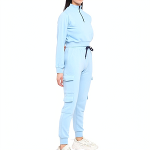 Conjunto Deportivo de Mujer en Azul Claro, Poliéster/Nailon 2 en 1, Estampado Sólido, Sudadera con Media Cremallera, Pantalones Cargo, Ropa Deportiva Casual de Verano - Product Image 5