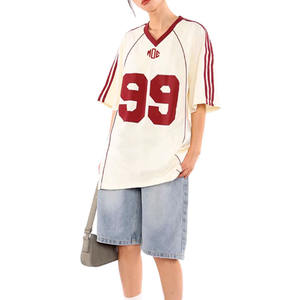 Maillot de football américain surdimensionné pour femme, col en V, rayures contrastées, streetwear, personnalisable, pour équipes, commande en gros OEM, USA - Product Image 2