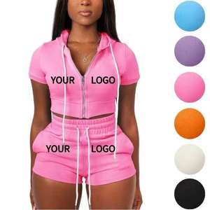 Custom Logo <b>Short</b> Sleeve Tracksuit <b>Lounge</b> Set OEM Wholesale Women's Two Piece Crop Zip Up Hoodie <b>Shorts</b> Set - Product Image 1