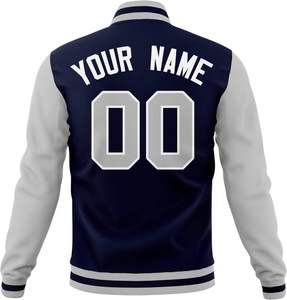 Men's Navy Blue Varsity <b>Jacket</b> With White Sleeves And Letter T Front Custom Name Number Back Preppy Style Regular Fit - Product Image 3