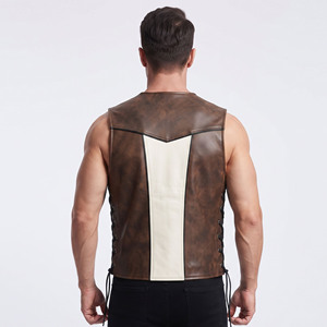 Chaleco de cuero para hombre con cremallera, chaleco de cuero con cordones laterales para hombre, chaleco de cuero con cuello en V para hombre, chaleco de cuero con bolsillos laterales con cremallera para hombre - Product Image 2