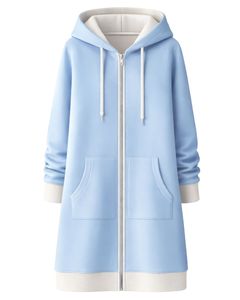 Sudadera con capucha larga azul claro para mujer, abrigo de invierno con forro polar y bolsillos tipo canguro, ropa casual cálida, OEM, personalizada de fábrica - Product Image 1