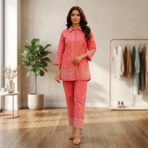 Women's Coral Embroidered Cotton Set <b>Three</b> <b>Quarter</b> Sleeve Full Length <b>Pants</b> Casual Spring Summer Wear - Product Image 1