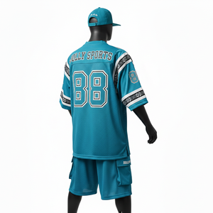 Conjunto de camiseta y pantalones cortos de fútbol para hombre, ligero, de poliéster, malla GSM, color verde azulado, paneles con bloques de color, logotipo personalizado con termoimpresión, conjunto corto para hombre - Product Image 5