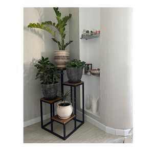 Supports à fleurs modernes en métal avec étagères en bois, design carré, présentoir pour plantes d'intérieur, style minimaliste, finition thermolaquée - Product Image 2