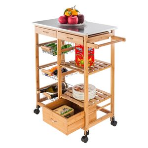 Carrello da Cucina Moderno Burlywood RT con Piano Regolabile in Acciaio Inox, Tre Cassetti e Tre Cestelli - Product Image 2