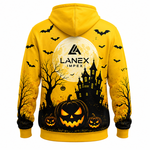 Sweat à capuche unisexe personnalisé jaune Halloween Citrouille Maison Hantée, en polyester, style gothique streetwear, par sublimation - Product Image 4