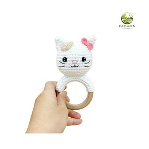 Hochet pour bébé fait main au crochet, jouet animalier avec anneau en bois, jouet de dentition naturel, cadeau pour nourrisson - Product Image 3