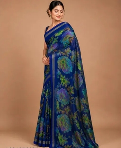 Sari Azul con Estampado Floral de Georgette para Mujer, Diseño KV, con Blusa Sin Coser - Product Image 1