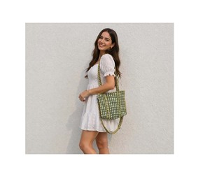Green Checkered Cotton Bohemian Mini Tote Bag with Dual Straps Open Closure Made in Rajasthan - Product Image 3