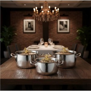 Ensemble de casseroles et de boîtes à couvercle papillon doré martelé à la main en acier inoxydable poli argenté de haute qualité, très demandé - Product Image 6