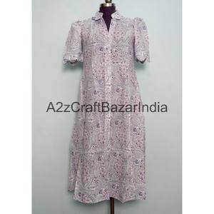 Vestido Midi de Algodón 100% Tejido a Mano en India, con Estampado Floral, Cuello en V, Mangas Cortas y Decoración de Botones, Nuevo Diseño Hermoso - Product Image 3