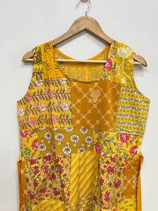 เดรสผ้าฝ้ายปะติดปะต่อแขนกุดสำหรับผู้หญิง สีเหลือง คอเสื้อทำมือ สไตล์โบฮีเมียน ชุดลำลองฤดูร้อน ไซส์เดียว - Product Image 5