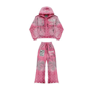 Custom Men's Vintage Rhinestone Tracksuit Acid <b>Wash</b> <b>Screen</b> Print Hoodie Flared Sweatpants Jogger Two Piece Y2K Streetwear - Product Image 1