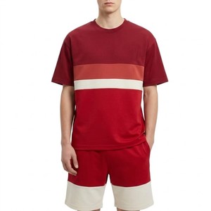 Wholesale Men's Red Color Block T-Shirt and Shorts <b>Set</b> Crew Neck Casual Summer Outfit <b>Knitted</b> Cotton Breathable Two Piece <b>Set</b> - Product Image 4