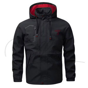 Men's Black Hooded <b>Waterproof</b> Sport <b>Jacket</b> With <b>Red</b> Logo Zipper Closure Regular Fit Autumn Wear Polyester Shell - Product Image 6
