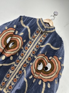Bohemian <b>Velvet</b> Embroidered Handmade Suzani <b>Coat</b> Plus Size <b>Women</b> Winter Outerwear O-Neck Collar Full Sleeve Floral Pattern - Product Image 3