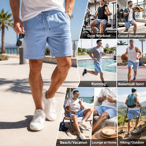 Pantalones Cortos Deportivos Casuales de Algodón Azul Claro con Cordón Ajustable para Hombre, para Múltiples Ocasiones, Entrenamiento, Ropa de Descanso, Pedido Personalizado OEM - Product Image 3