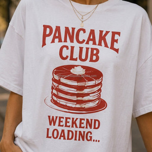 T-shirt blanc imprimé Pancake Club Weekend Loading, unisexe, décontracté, col rond, manches courtes, tissu jersey 100% coton - Product Image 5