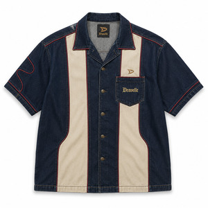 Camisa Retro con Cuello Cubano, Estilo Urbano, Oversize, Blanca con Parches, Unisex, Color Índigo Claro, con Botones, Prenda de Fábrica - Product Image 3