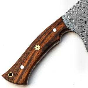 Cuchillo de Chef Burraq OEM Hecho a Mano de Acero de Damasco de Grado Industrial, Multifuncional, con Patrón de Gota de Lluvia, Funda de Cuero y Madera - Product Image 3