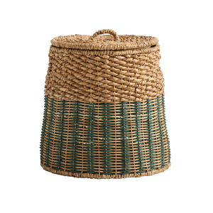 Stylish Natural And Green Rattan <b>Basket</b> <b>With</b> <b>Lid</b> Handmade Woven Storage Container Decorative Organizer For Organizing Home - Product Image 1