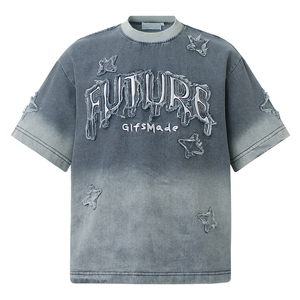 Camiseta de Mezclilla Oversize para Hombre, Manga Corta, Cuello Redondo, Color Degradado, Estilo Urbano, Largo Regular, Patrón Sólido, Tejido de Tela - Product Image 1