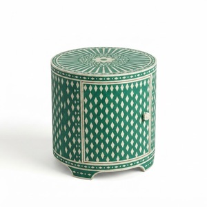 Table d'appoint ronde en os vert incrusté, motif géométrique, tabouret tambour, style marocain personnalisé, table d'appoint faite à la main et incrustation en résine - Product Image 1