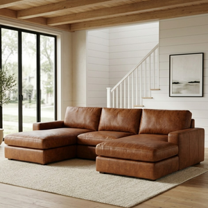 Elegant Mid Century Modern Cognac Leather Sectional <b>Sofa</b> with Dual Chaise Lounges and Center Seat for Living Room - Product Image 1
