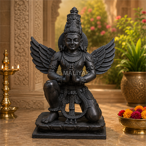 Black Marble Garuda Statue | Garuda Dev Murti with Large Wings and Folded Hands | Hindu Religious Idol – MALIYAS - Product Image 1