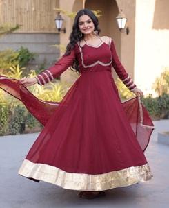 Leranath Fashion, Nuevo Vestido de Diseñador para Mujer, Elegante Vestido Anarkali con Cuello en V, Estampado, Largo hasta el Suelo, Manga Larga, con Trabajo de Espejos, Reciclado - Product Image 1