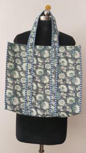 Bohemian Grey Quilted Cotton Tote <b>Bag</b> with <b>White</b> Floral <b>Hand</b> Block print Open Casual Shopping Travel Grocery Handbag For Women - Product Image 6