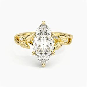 Anillo de Compromiso de Lujo con Diamante Cultivado en Laboratorio, Corte Marquesa, Banda con Diseño de Hoja Inspirado en la Naturaleza, Joyería de Oro de 14K - Product Image 4